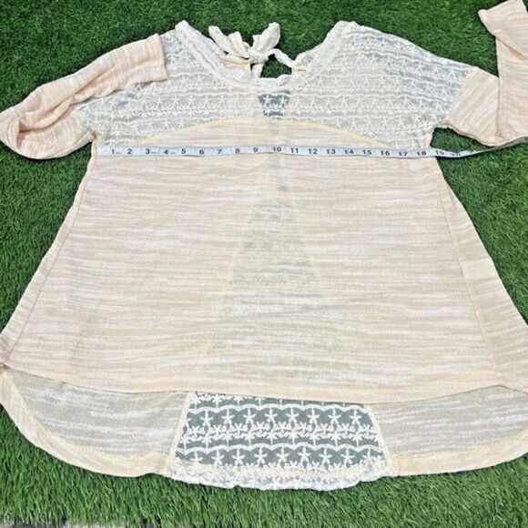 Anthropologie hazel Light Weight Long Sleeve Semi-Sheer Cream Sweater w/ Lace M - Picture 4 of 7
